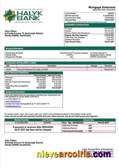 Kazakhstan Halyk Savings Bank of Kazakhstan mortgage statement Word and PDF template